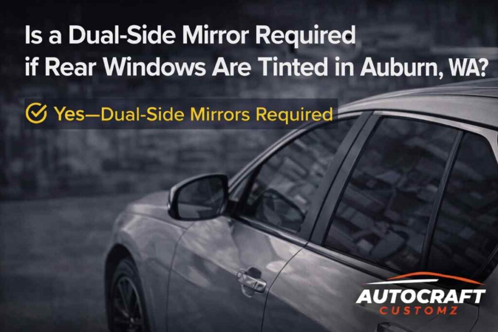 Car with tinted rear windows and dual side mirrors showing legal compliance with Auburn, Washington window tint and mirror requirements.