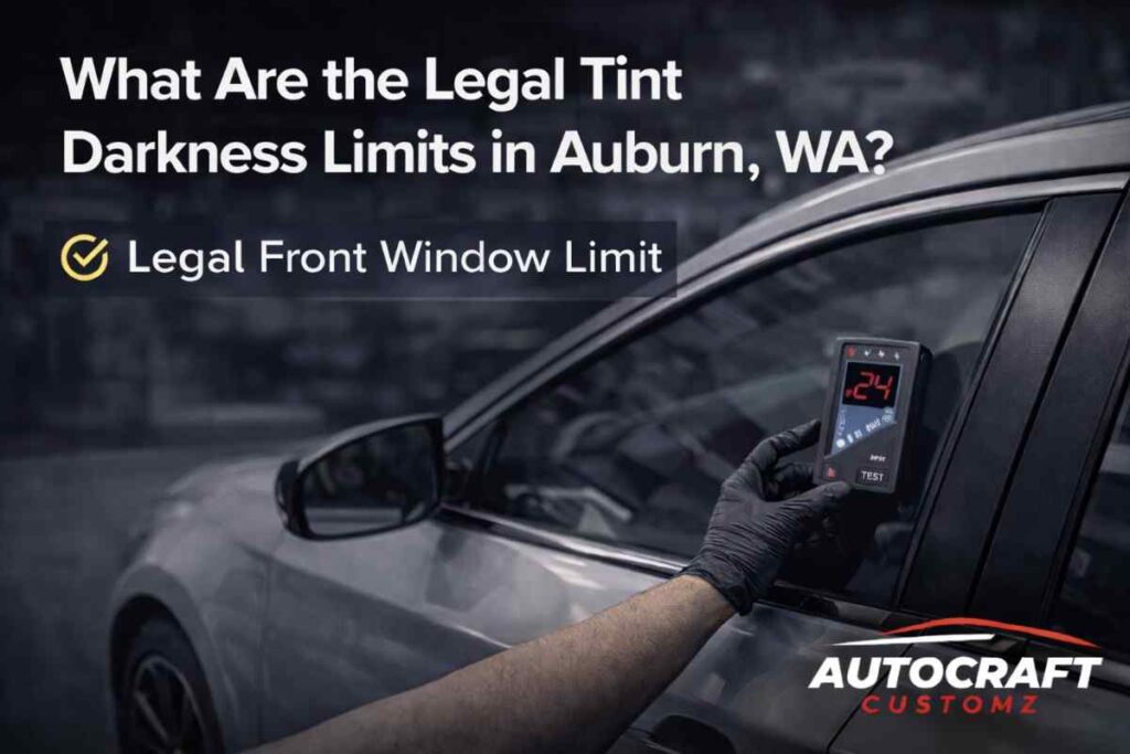 Car window tint inspection using a digital tint meter showing legal tint compliance in Auburn, Washington by Autocraft Customz.
